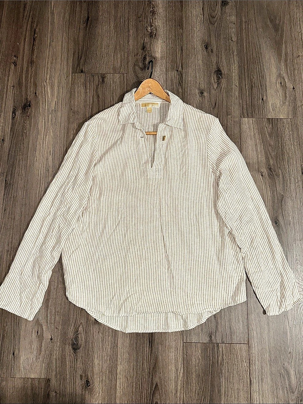 Michael Kors Linen Striped Long Sleeve Top Size Large